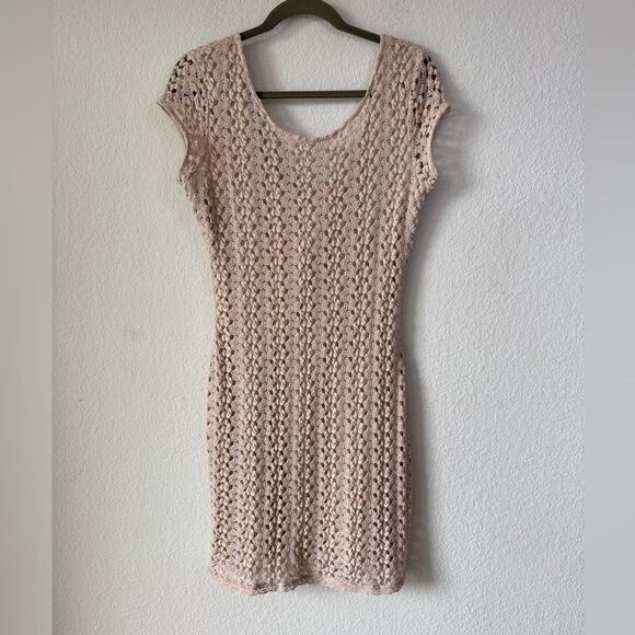Free People Crochet Lace Bodycon Mini Dress M Scoop Neck Beige Y2K Boho Hippie - Picture 1 of 5